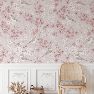 Pastel Pink Flower Design With Birds Peel & Stick Wallpaper, Elegant Pink Floral Wall Mural, Nature-Inspired Self-Adhesive Home Decor