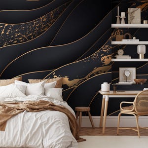 3D Abstract Dark Wallpaper, Opulent Wavy Peel & Stick Mural, Luxury Wall Decor, Modern Home Art, Room Decor, Paper Effect Wall Mural