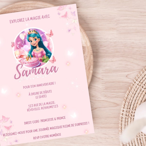 Invitation d’anniversaire Princesse | Invitation modifiable | Modèle Canva