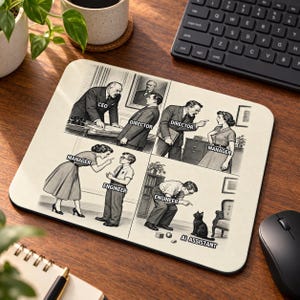 May include: A rectangular mouse pad featuring a black and white comic strip illustration. The comic depicts a corporate hierarchy chain of command with labels: CEO, Director, Manager, Engineer, and AI Assistant pointing at a black cat.