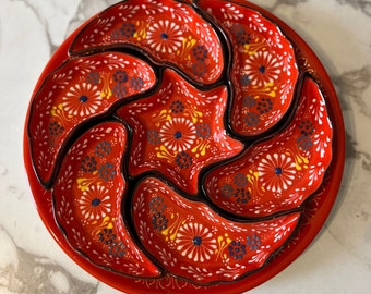 Handbemaltes Snack-Servier-Set im türkischen Stil der Keramik-Handbemalung, 8-teilig, großes Frühstücks- oder Abendessenservice
