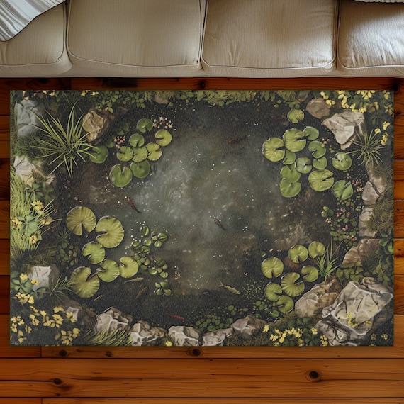 Koi Pond Area Rug | Biophilic Design | Koi Fish + Lily Pads | Outdoors Inside | Unique wedding gift for Nature Lovers | Easy-to-vacuum rug