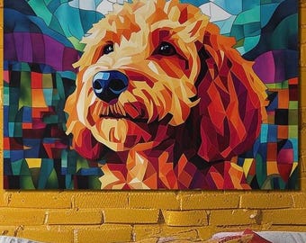 May include: A colorful, abstract painting of a dog with a geometric style. The dog is a light brown color with a red and orange background. The painting is done in a style that resembles stained glass.