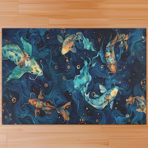 Many Koi Area Rug | Tranquil + Elegant | Koi Fish + Floral Design | Ideal Gift for Koi Enthusiasts and nature lovers | Easy-to-Clean Rug