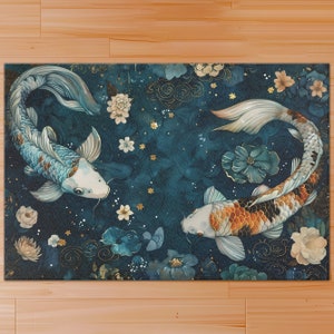 Serene Koi Pond Area Rug | Elegant, illustrated koi fish on an easy to vacuum rug | An ideal gift of koi lovers with a sense of style