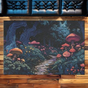 May include: A whimsical forest scene with a winding stone path leading through a grove of glowing mushrooms. The mushrooms are various shades of red and pink, with some glowing with a soft light. The forest is dark and mysterious, with tall trees and lush foliage.