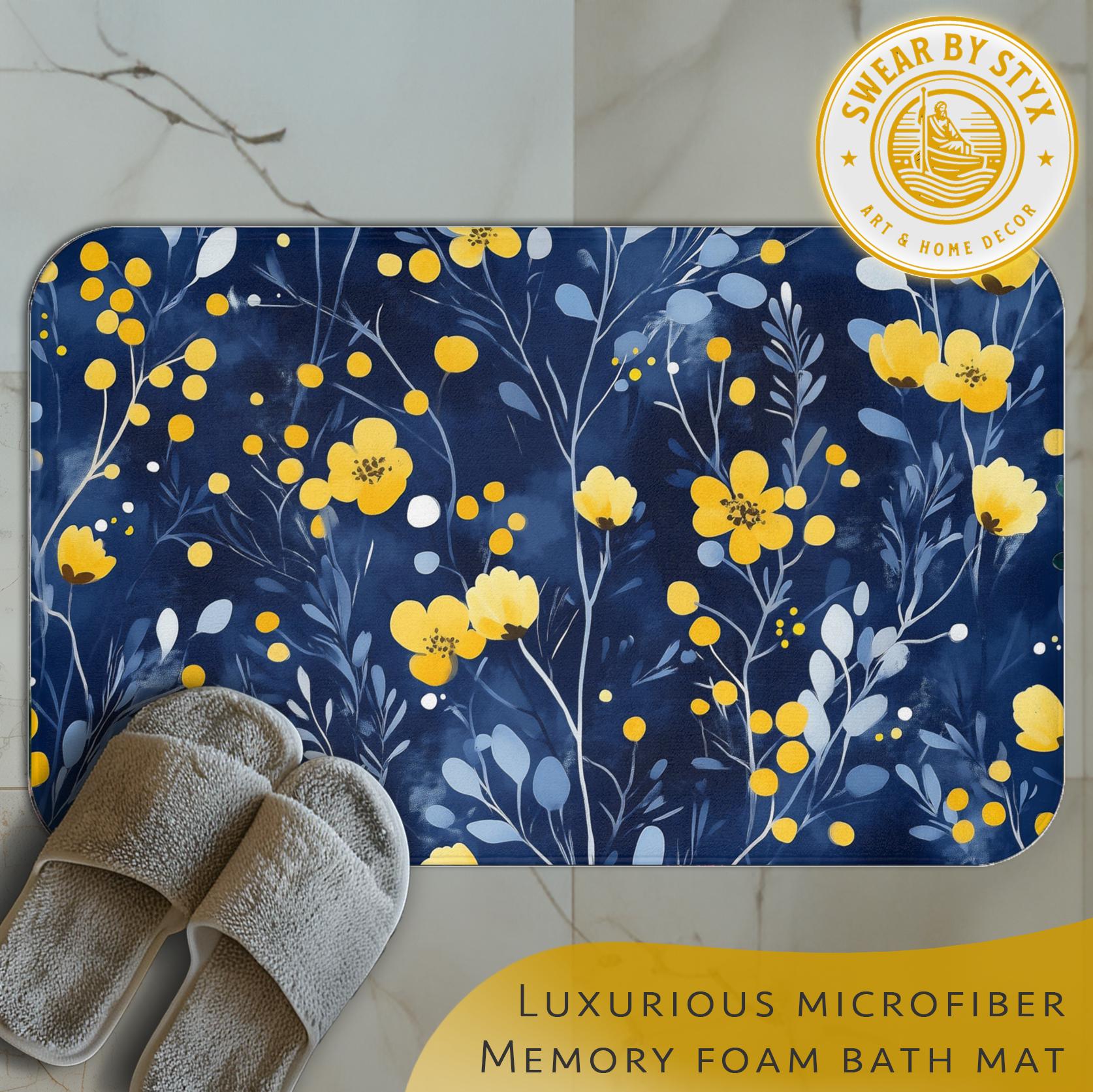Blue Floral Bath Mat: Modern Farmhouse Microfiber Memory Foam - Etsy