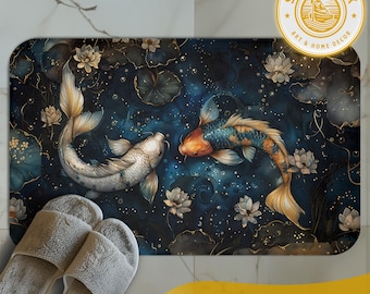 Koi Fish Microfiber Bath Mat | Machine Washable | Anti-slip Backing | Bold, dark blue, biophilic design is an ideal gift for koi fans