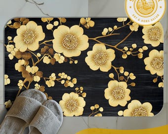 Maki-e Floral Bath Mat: Plush Microfiber Memory Foam, Japanese Decor