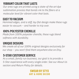 May include: Text overlay on a white background with the words "Vibrant Color That Lasts", "Easy To Vacuum", "100% Polyester Chenille", "Unique Designs", "5-Star Customer Service", "Swear By Styx", and "Art & Home Decor".