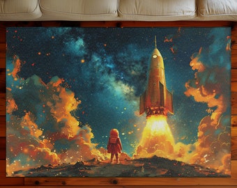Space Adventure Rug: Rocket Launch, Starry Night Kids' Decor