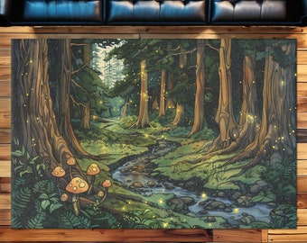 Enchanted Forest Rug: Fireflies & Fairies, Easy-Clean Polyester Chenille