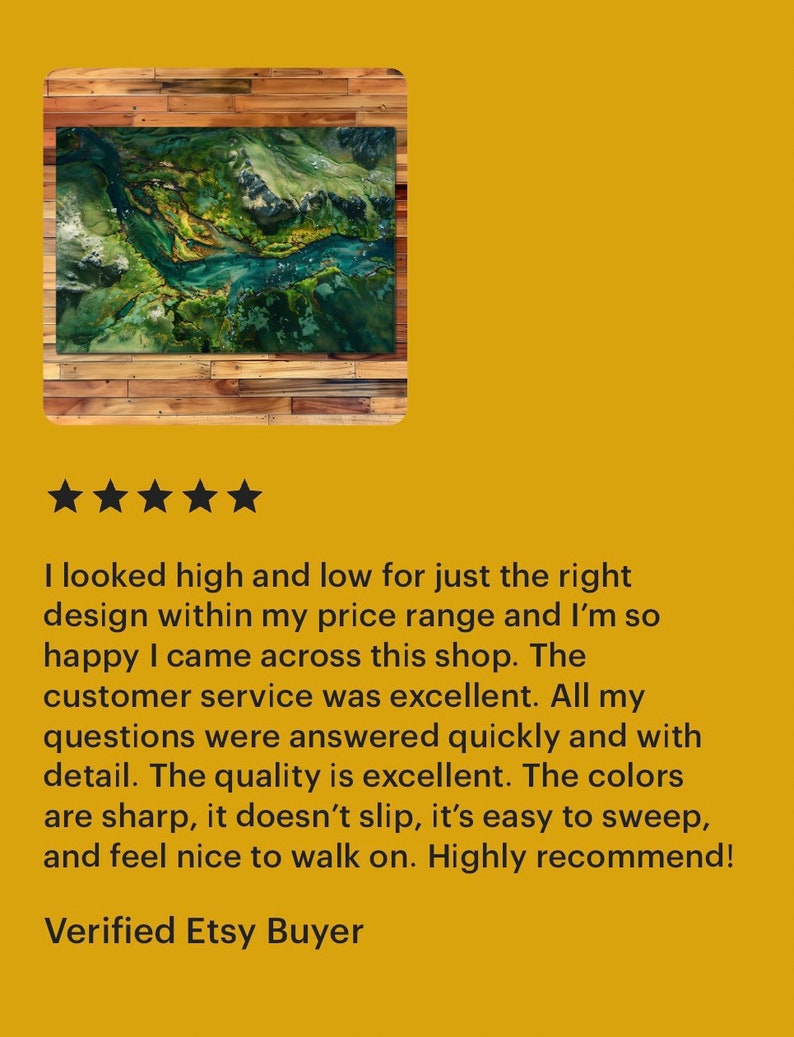 May include: Five star review of a rug with a green and blue abstract design. The review states that the customer was happy with the quality and customer service. The rug is described as easy to sweep and feel nice to walk on.