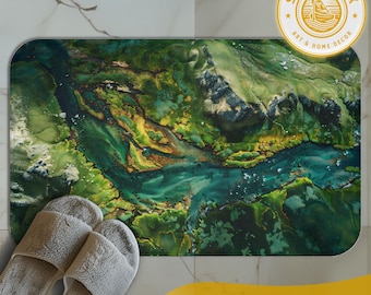 Green Forest Mountains Bath Mat: Plush Microfiber Memory Foam