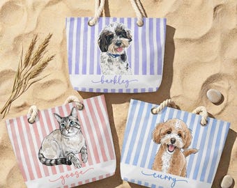 Custom Photo Realistic Watercolor Art Pet Portrait Pet Mom - Personalized Beach Bag , Custom Pet Trip Tote Bag, Summer Vacation, Dog Lovers