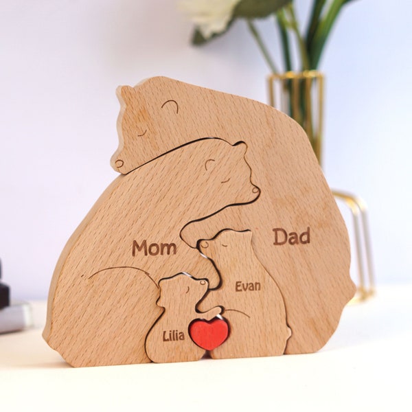 Wooden Bear Family Puzzle, Custom Bear Figurines, Personalized Wooden Animal Puzzle, Family Keepsake Gift, Mother's Day Gift, Wooden Decor