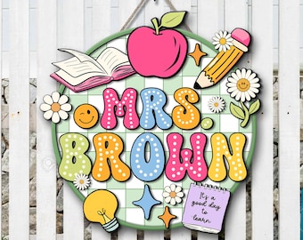 Personalized 3D Teacher Door Hanger, Groovy Notebook Classroom Welcome Sign Decor