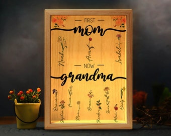 Personalized Flower Birth Month Garden LED Frame Canvas, Mothers Day Gift, Custom Mom Now Grandma, Grandma Nana Mommy Birthday Gifts