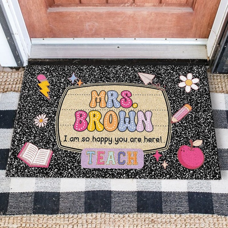 🎁 Buy 2 FREE SHIPPING🎁Personalized Teacher Name Rug, Custom Composition Notebook Doormat, Classroom Decor, Welcome First Day of School Gift, Teacher Doormat