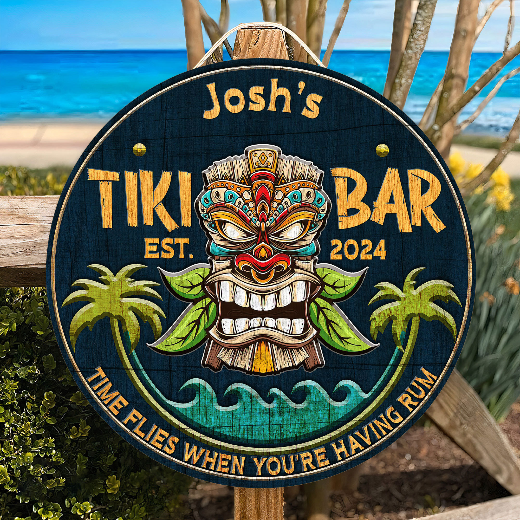 Custom Personalized Tiki Bar Circle Door Sign - Gift For Couple/ Single - Tiki Bar Where It's Always 5:00 main image 0