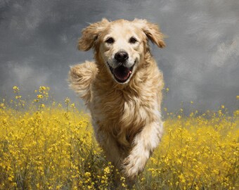 Puede incluir: Pintura de un perro Golden Retriever corriendo por un campo de flores amarillas, con un cielo gris de fondo. El perro sonríe con la lengua fuera.