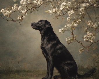 Black Labrador Art Print | Spring Blossom Pet Portrait (Instant Download)