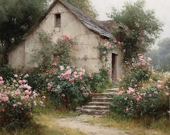 Vintage Cottage & Rose Garden Painting – Digital Download