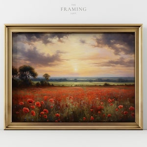 Poppy Meadow Printable English Nature Art Scene Vintage Oil Painting Style Downloadable Country Flower Painting Digital Still Life Picture