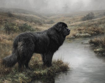 Impressão artística de um cão Terra Nova | Paisagem enevoada (Download instantâneo)