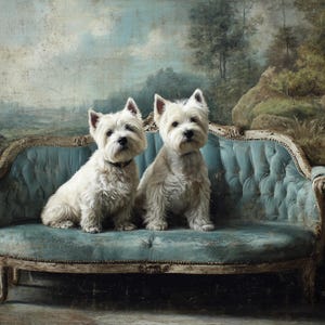 May include: Two white West Highland White Terriers sit on a teal blue antique sofa. The dogs have black collars and are positioned in front of a landscape painting. The sofa has ornate wooden detailing and a tufted seat.