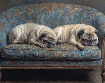 Arte de carlinos durmiendo para hogares acogedores y amantes de los perros / Obra de arte de carlinos estilo vintage, descarga digital