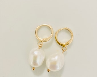 Freshwater Pearl Earrings, simple earrings, minimalist, pure pearl, Bridal Earrings, Wedding Jewelry, Real Baroque Pearl Hoop Earrings