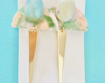Real Stone and dagger Earrings, Marble half moon, green, edgy