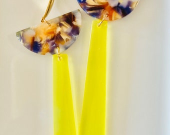 Marble Half moon and Yellow bar acrylic earrings