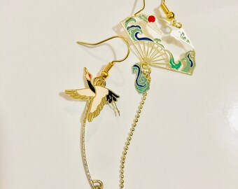 Crane with Japanese Fan earrings, Koi fish, Bronze, delicate earrings