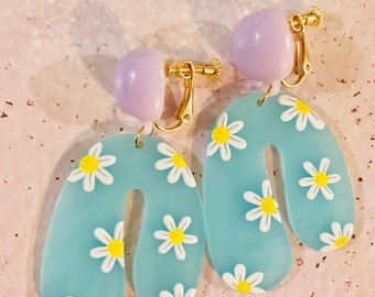 Mid-century Purple and Yellow flower Acrylic Modern earrings