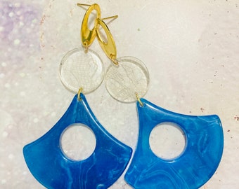 Blue fan-shaped acrylic Modern large earrings