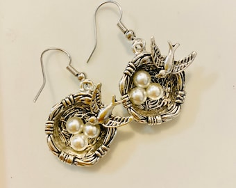 Bird eggs in the nest earrings, silver, Halloween,