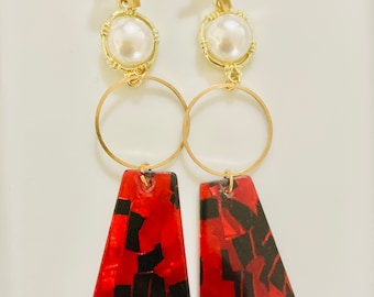 Red Stained Glass and Pearl ring Earrings, long earrings, unique earrings