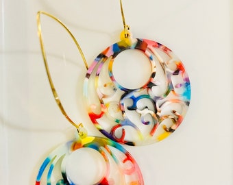 Mid Century Modern Marble round acrylic Earrings, long earrings, unique earrings, blue, pink, orange, hoop earrings