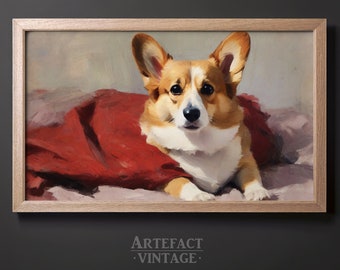 May include: A painting of a corgi dog lying on a red blanket. The dog is looking directly at the viewer with a serious expression. The painting is done in a realistic style with soft brushstrokes.