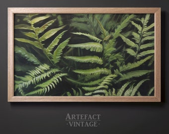 May include: A framed painting of a lush green fern plant. The painting is in a light brown wooden frame.