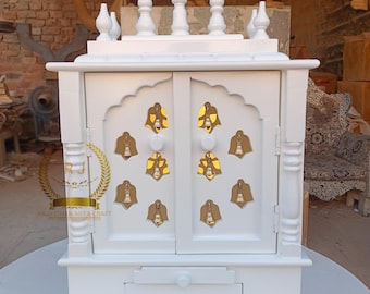Handcrafted White Wooden Temple Mandir: Pooja Ghar with Drawer