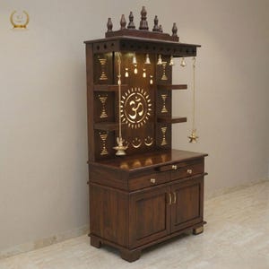 Handcrafted Wooden Temple – Dark Brown Polish, Om Carving, Storage Cabinet