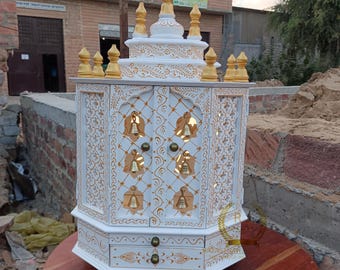 Handmade Wooden Puja Mandir, White & Gold, Wall Hanging Home Temple