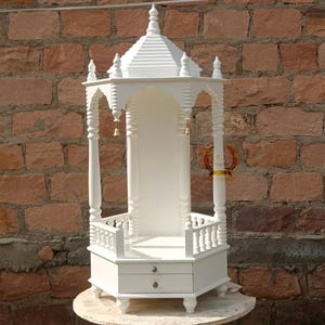 Wooden Temple for Home Pooja Mandir Handcrafted Pooja Mandir Beautiful Hanging Bells with White Finished Temple with One Drawer One Shelf