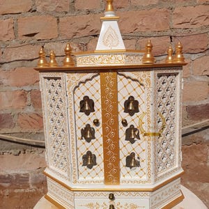 wooden temple white + Gold for home handcrafted pooja mandir Beautiful hanging brass bells Pooja Ghar Mandap For Worship Home Decor Art
