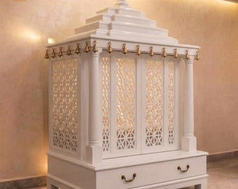 Large White Wooden Hindu Temple – Handcrafted Indian Puja Mandir with Storage Drawer, Brass Bells
