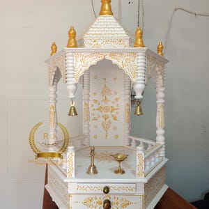 Wooden Temple for Home Pooja Mandir Handcrafted Pooja Mandir Beautiful Hanging Bells with White Finished Temple with One Drawer One Shelf
