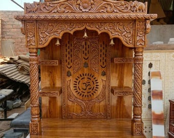 Handcrafted Wooden Hindu Temple – Dark Brown Puja Ghar Cabinet with Drawers
